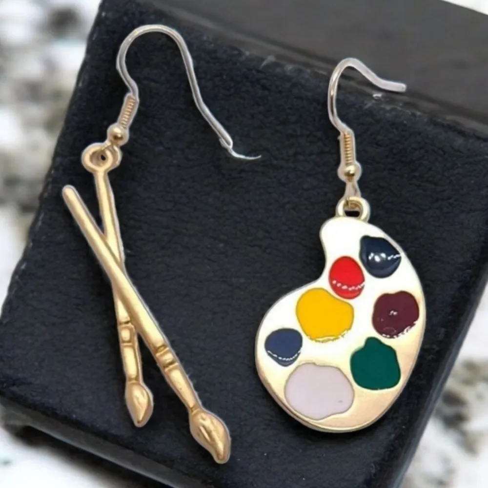 Artist Paint Palette Brush Earrings Mismatched Dangle Teacher Art Jewelry NWT